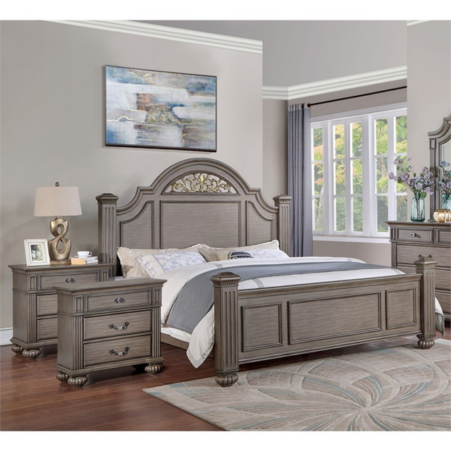 FOA Damos 3-Piece Gray Solid Wood Panel Bedroom Set - Queen + 2 ...