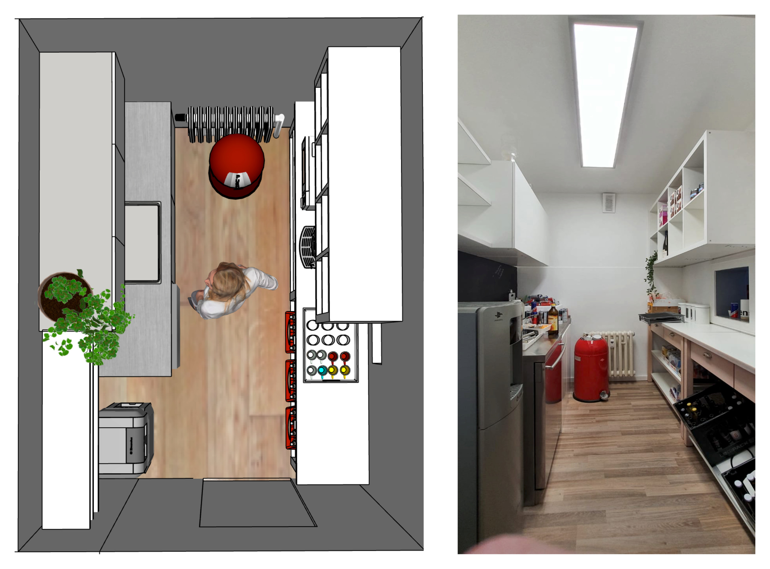 Teeküche 3D Draufsicht und Umgebaute Küchenraum