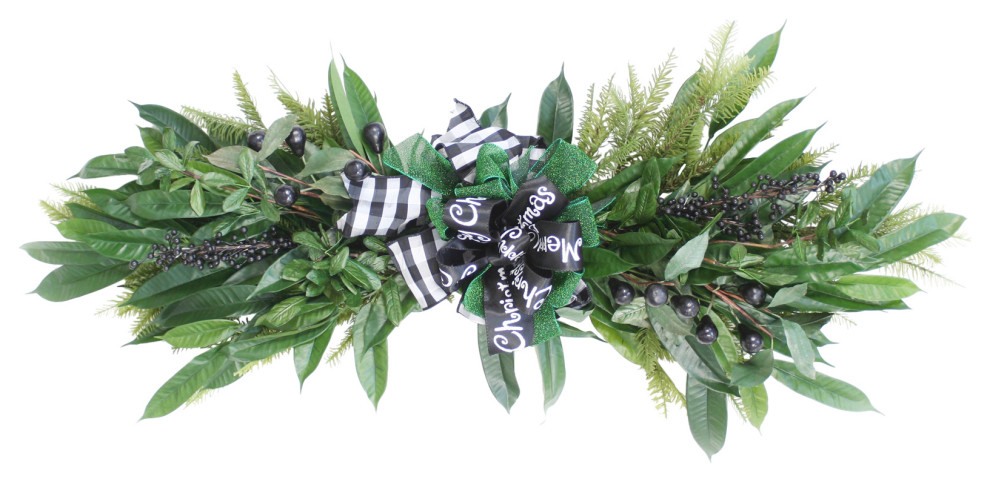 Pine Swag with Black Berries and Green Accents with Black and White Ribbon