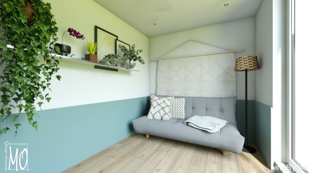 Bild på ett litet minimalistiskt gästrum, med mellanmörkt trägolv och brunt golv
