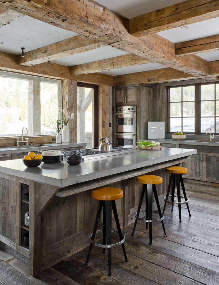 Design ideas for a country kitchen in Other with distressed cabinets, stainless steel appliances, an integrated sink and shaker cabinets.