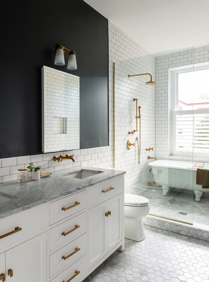 Example of a mid-sized classic master white tile and subway tile marble floor and double-sink bathroom design in DC Metro with beaded inset cabinets, white cabinets, a two-piece toilet, blue walls, marble countertops and a freestanding vanity