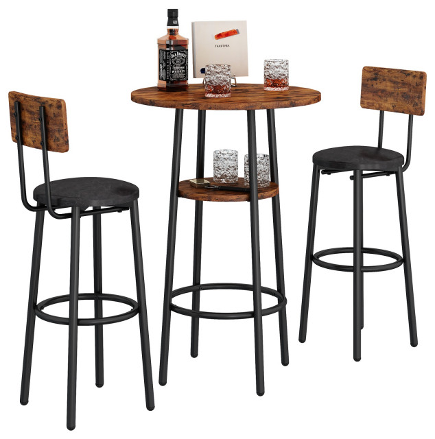 Round Bar Table Set With 2 Bar Stools PU Soft Seat Rustic Brown