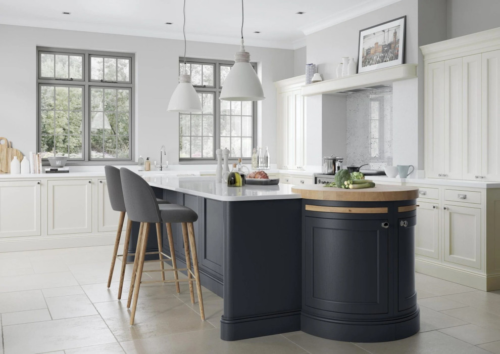 Bespoke In Frame Kitchen In Porcelain and Slate Blue. Manufactured in Leicestershire.