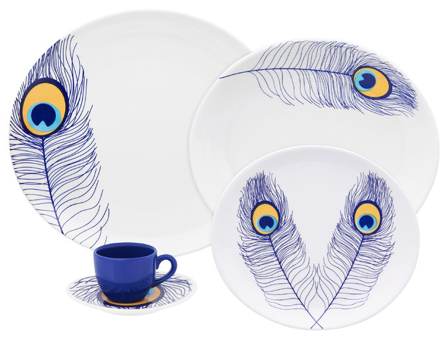 Oxford Loop Porcelain Dinnerware Set, Peacock Collection, 20 Pieces