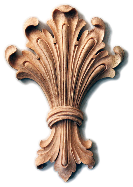 Hand-Carved Bound Acanthus-Leaf Flourish Onlay in Wood, 3" X 4½" X ⅜