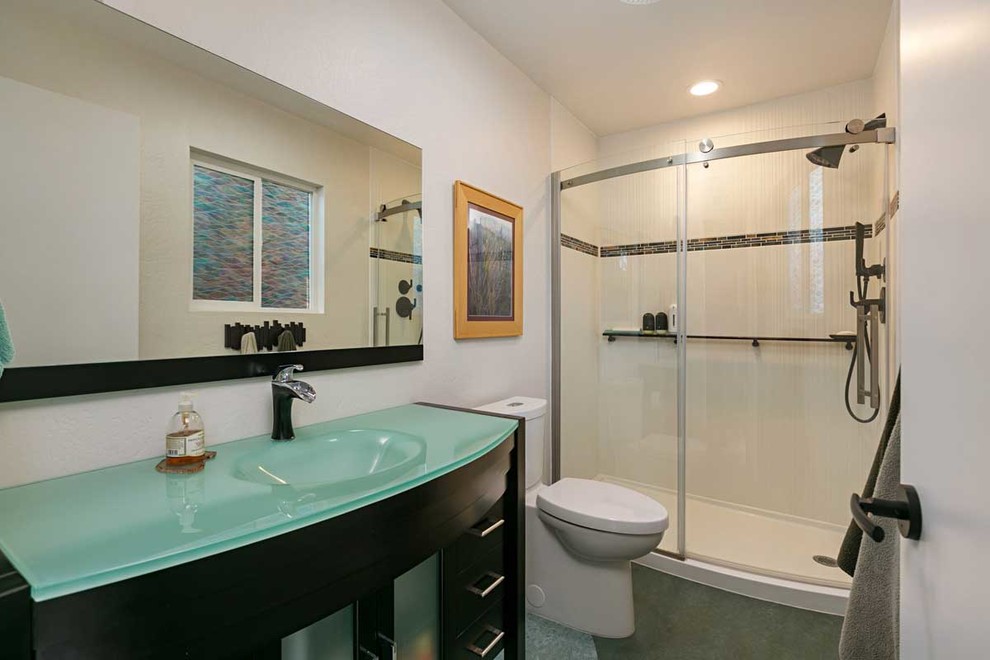 Design ideas for a mid-sized eclectic master bathroom in San Diego with an alcove shower, white tile, ceramic tile and a sliding shower screen.