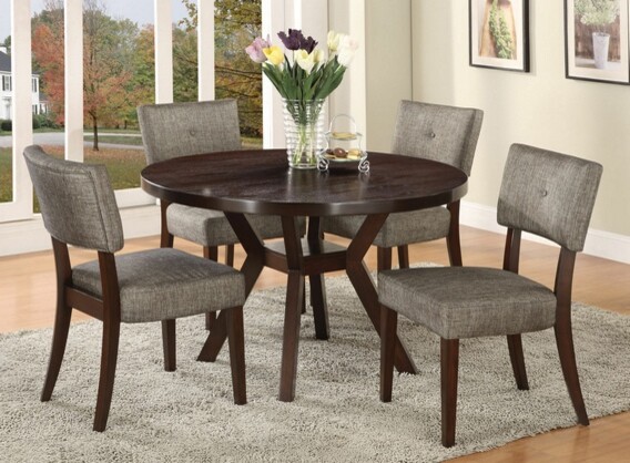 5 pc drake espresso finish wood cross base dining table set with fabric upholste