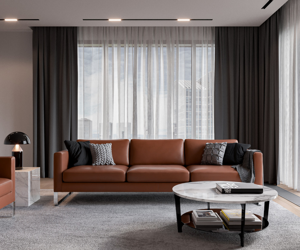 Immagine di un grande soggiorno moderno chiuso con pareti grigie, parquet chiaro, nessun camino, nessuna TV e pavimento beige