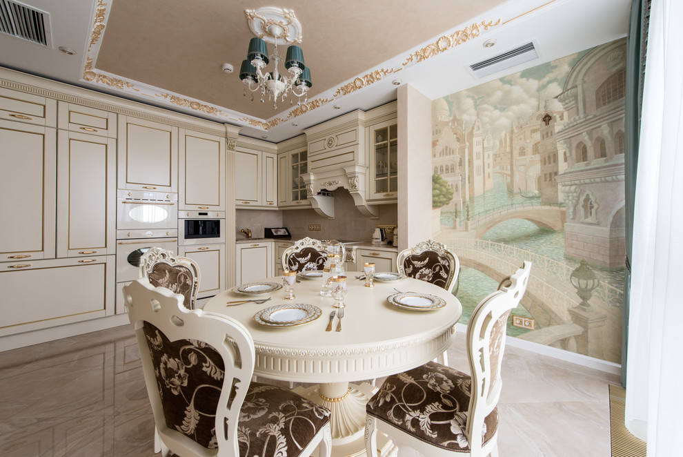Traditional l-shaped separate kitchen in Moscow with white cabinets, beige splashback, white appliances and no island.