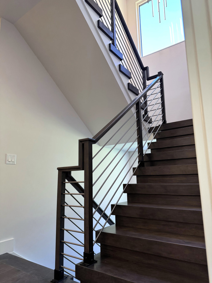 Stair Railing Transitional 137_Transitional Maple Staircase with Stainless Steel Rail, Clifton, VA ...