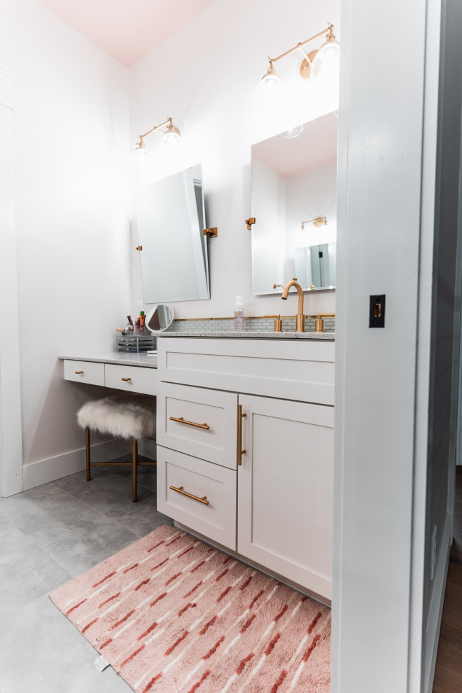 Inspiration for a mid-sized transitional kids bathroom in Other with flat-panel cabinets, white cabinets, multi-coloured tile, glass tile, an integrated sink, marble benchtops, grey floor, multi-coloured benchtops, a single vanity and a built-in vanity.