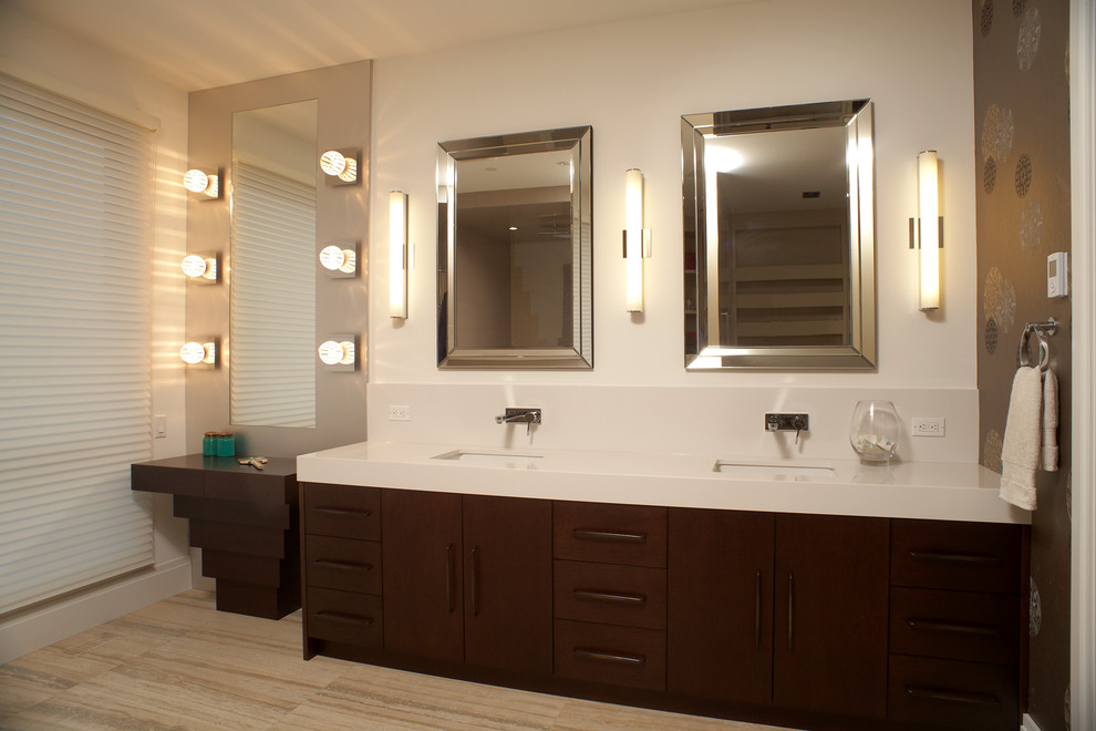 Inspiration for a large contemporary master bathroom in Toronto with an undermount sink, flat-panel cabinets, dark wood cabinets, beige walls, quartzite benchtops, beige floor and white benchtops.
