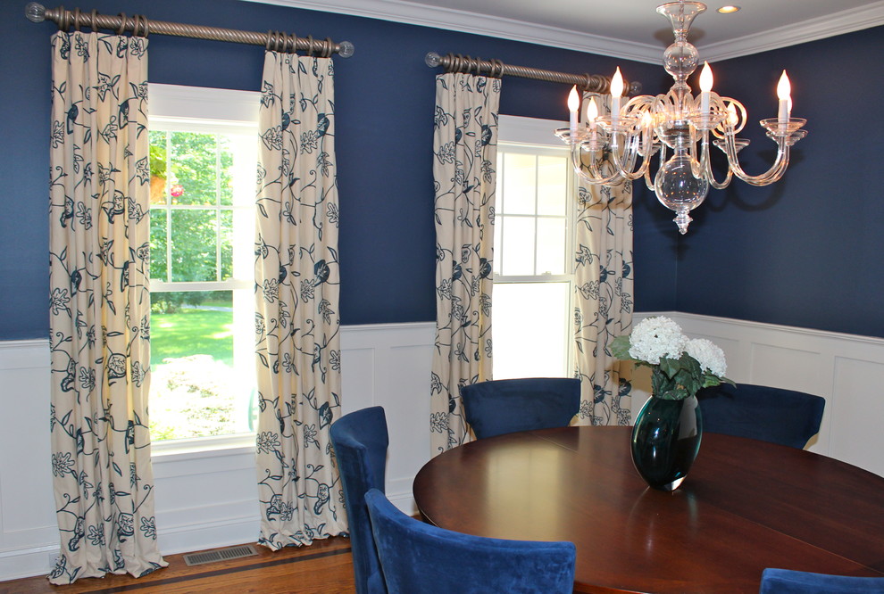 Design ideas for a mid-sized transitional separate dining room in Bridgeport with blue walls, dark hardwood floors and no fireplace.