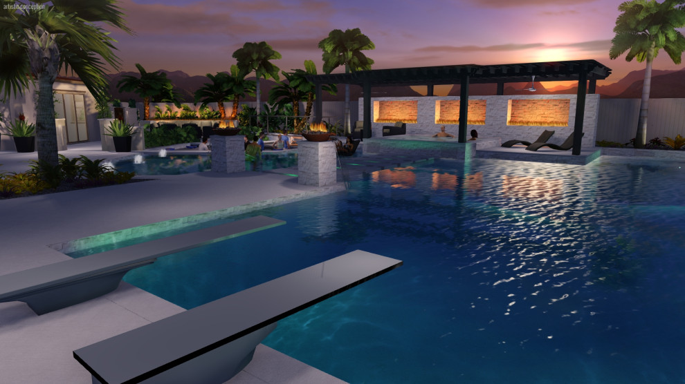 Großer, Gefliester Moderner Infinity-Pool hinter dem Haus mit Pool-Gartenbau in San Diego