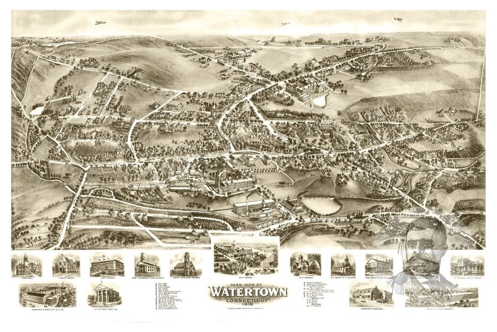 Old Map of Watertown Connecticut 1918, Vintage Map Art Print, 12"x18