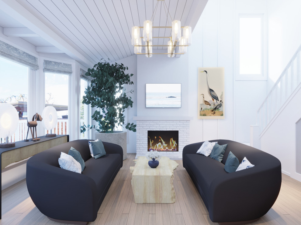 Inspiration pour un grand salon marin ouvert avec un mur blanc, parquet clair, une cheminée standard, un téléviseur fixé au mur, un sol marron, un plafond en lambris de bois et du lambris.