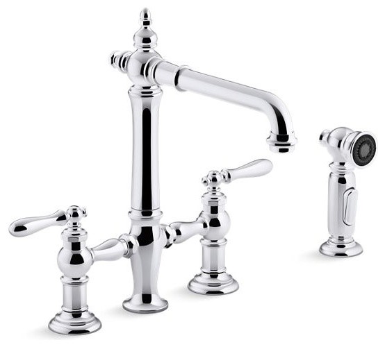 Kohler Artifacts Deck-Mount Bridge Kitchen Faucets & Sidespray, Polished Chrome