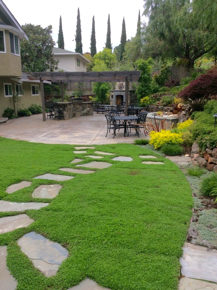 Photo of a large traditional backyard full sun xeriscape for summer in San Francisco with with pond and natural stone pavers.