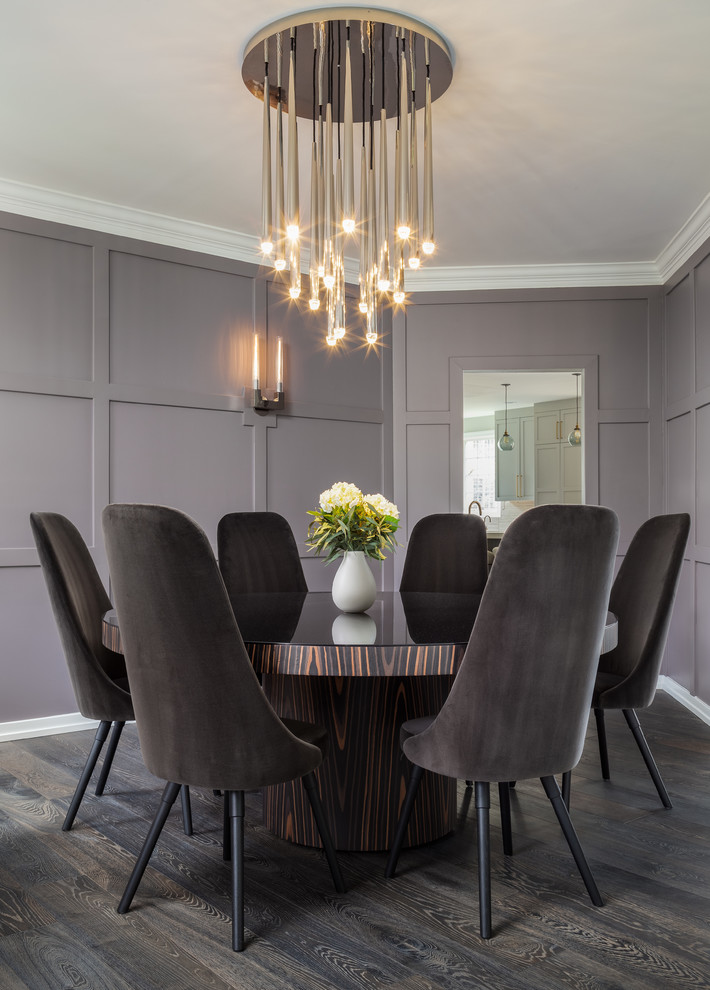 Photo of a large transitional separate dining room in DC Metro with grey walls, dark hardwood floors and no fireplace.