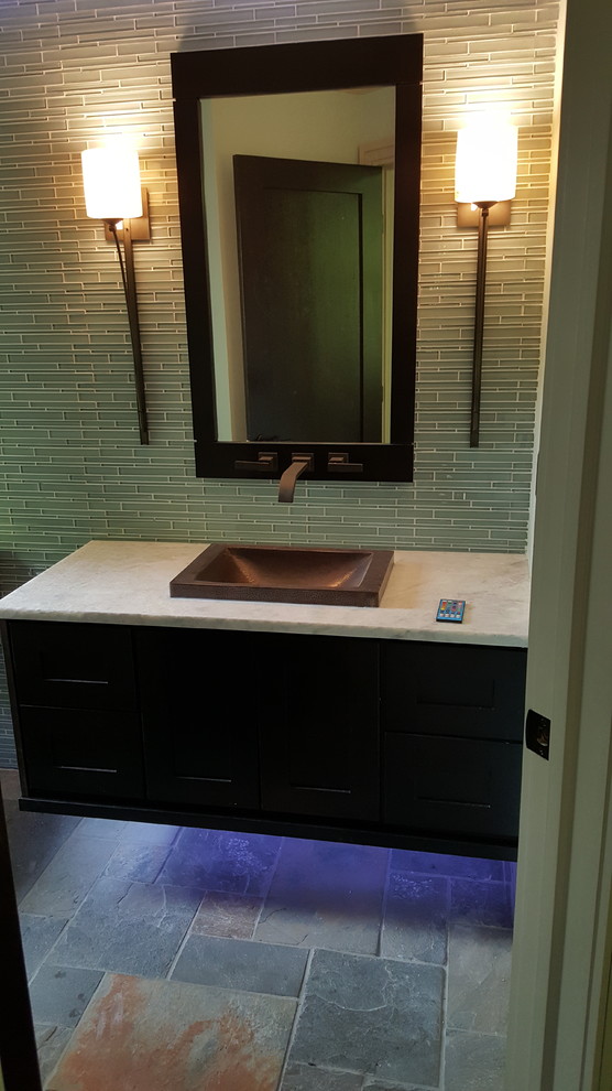 Mid-sized contemporary master bathroom in Detroit with shaker cabinets, black cabinets, green tile, matchstick tile, green walls, slate floors, a drop-in sink, marble benchtops, grey floor, white benchtops, a niche, a single vanity, a floating vanity and vaulted.