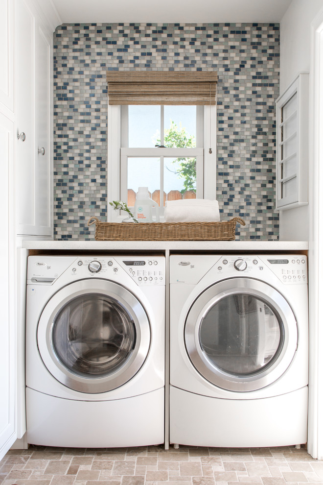 Design ideas for a contemporary galley dedicated laundry room in Other with a side-by-side washer and dryer.