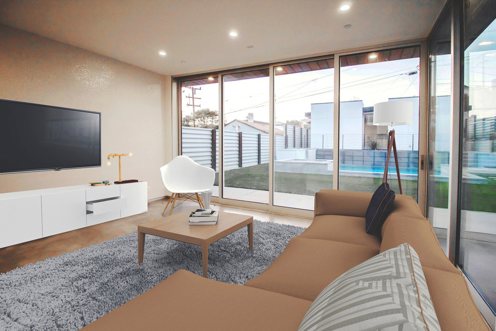 Inspiration for a modern open concept family room with beige walls, a wall-mounted tv and brown floor.