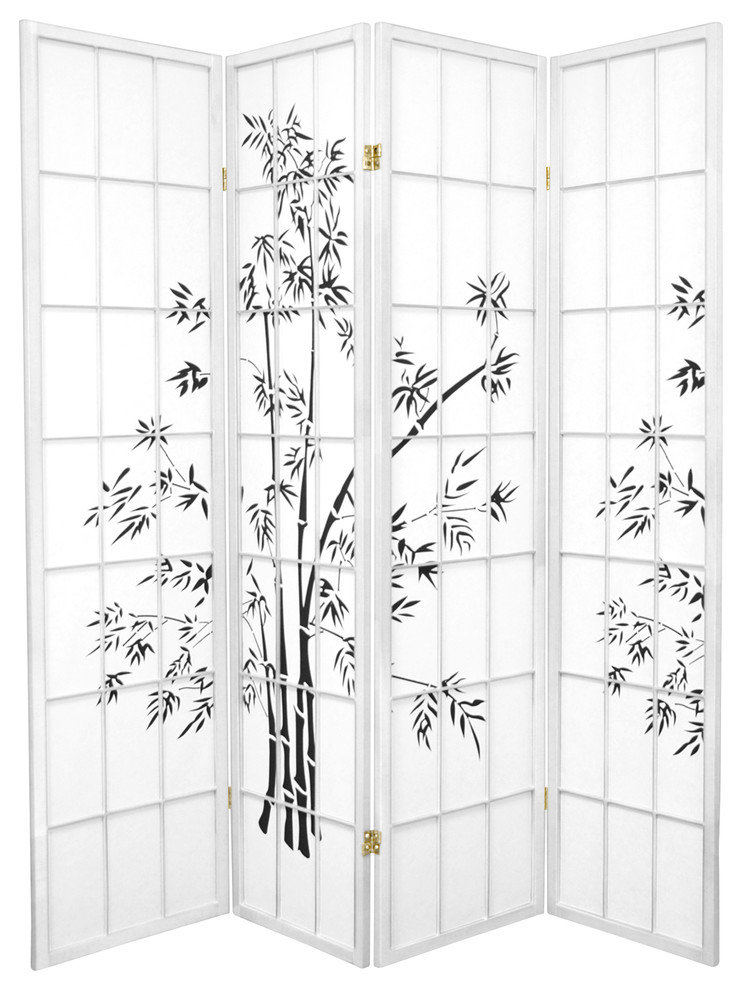 6' Tall Lucky Bamboo Shoji Screen, White, 4 Panels