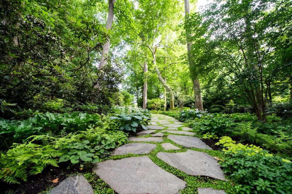 Large Irregular Flagstone carve pathway through the woods by Peter Atkins and  Associates