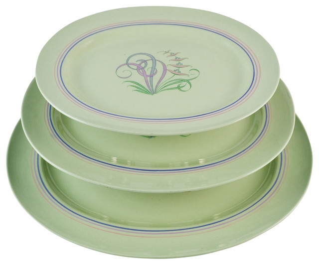 Consigned 3 Graduated Serving Platters in Green with Moondrops by Spode 1950s