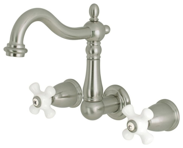 Wall Mounted Widespread Bathroom Faucet, Crossed White Handles, Brushed Nickel
