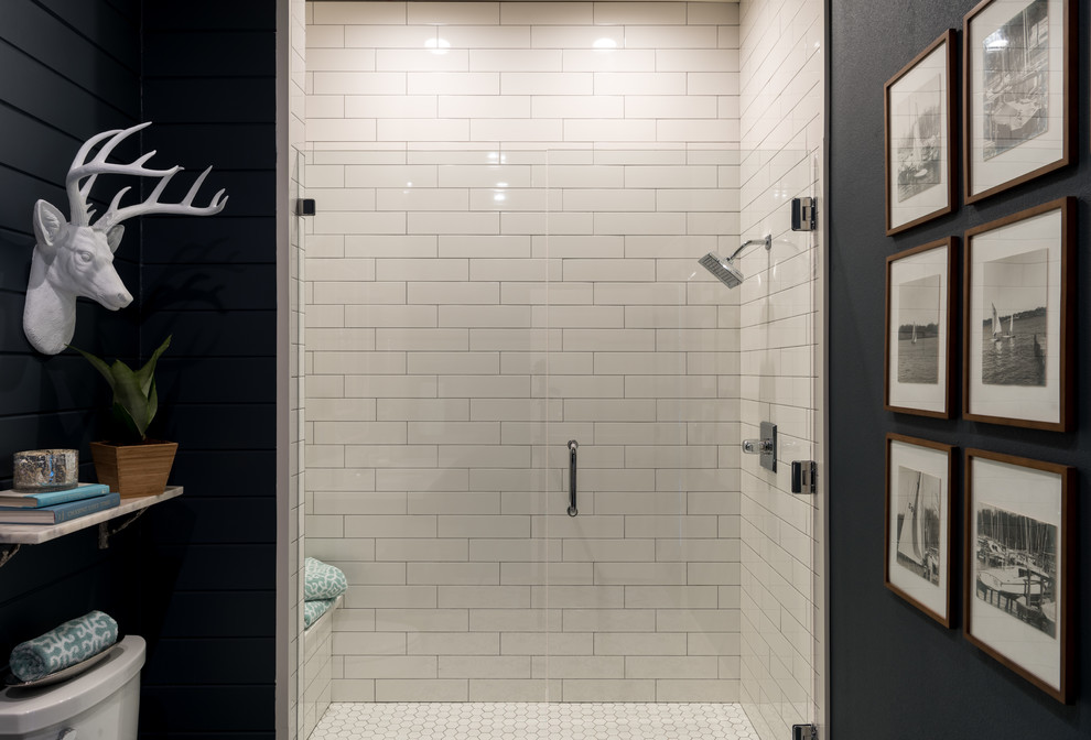Design ideas for a small beach style 3/4 bathroom with shaker cabinets, medium wood cabinets, an alcove shower, a two-piece toilet, white tile, ceramic tile, black walls, cement tiles, an undermount sink, engineered quartz benchtops, multi-coloured floor and a hinged shower door.