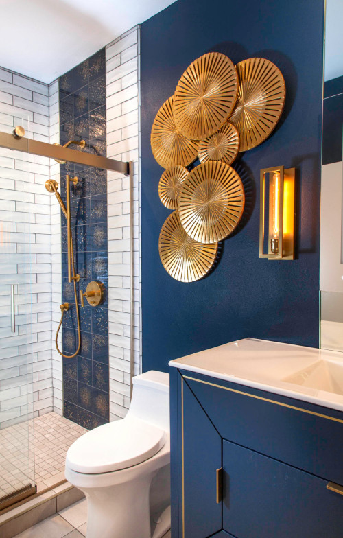 Get Inspired: Gold Accents in a Blue and White Bathroom