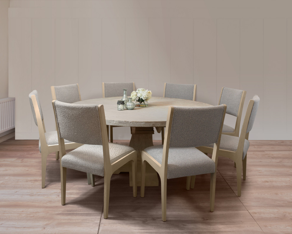 Benedict 70" Solid Wood Round Dining Set With 8 Ash Chairs, Gray Boucle Fabric