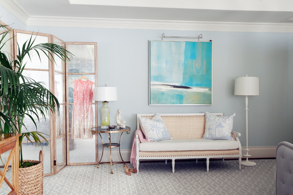 Bedroom - mid-sized shabby-chic style master carpeted and multicolored floor bedroom idea in Dallas with blue walls and no fireplace