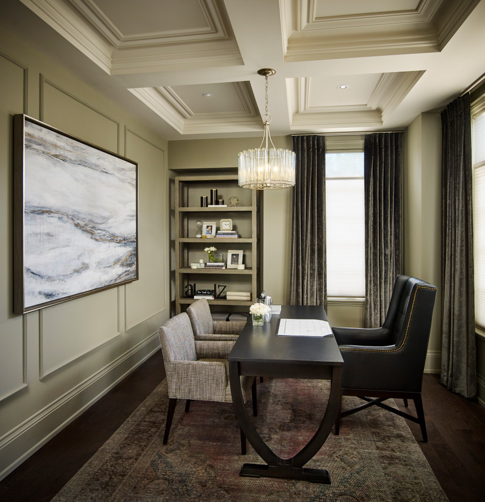 Inspiration for a large transitional study room in Toronto with green walls, dark hardwood floors, a freestanding desk, brown floor, coffered and panelled walls.