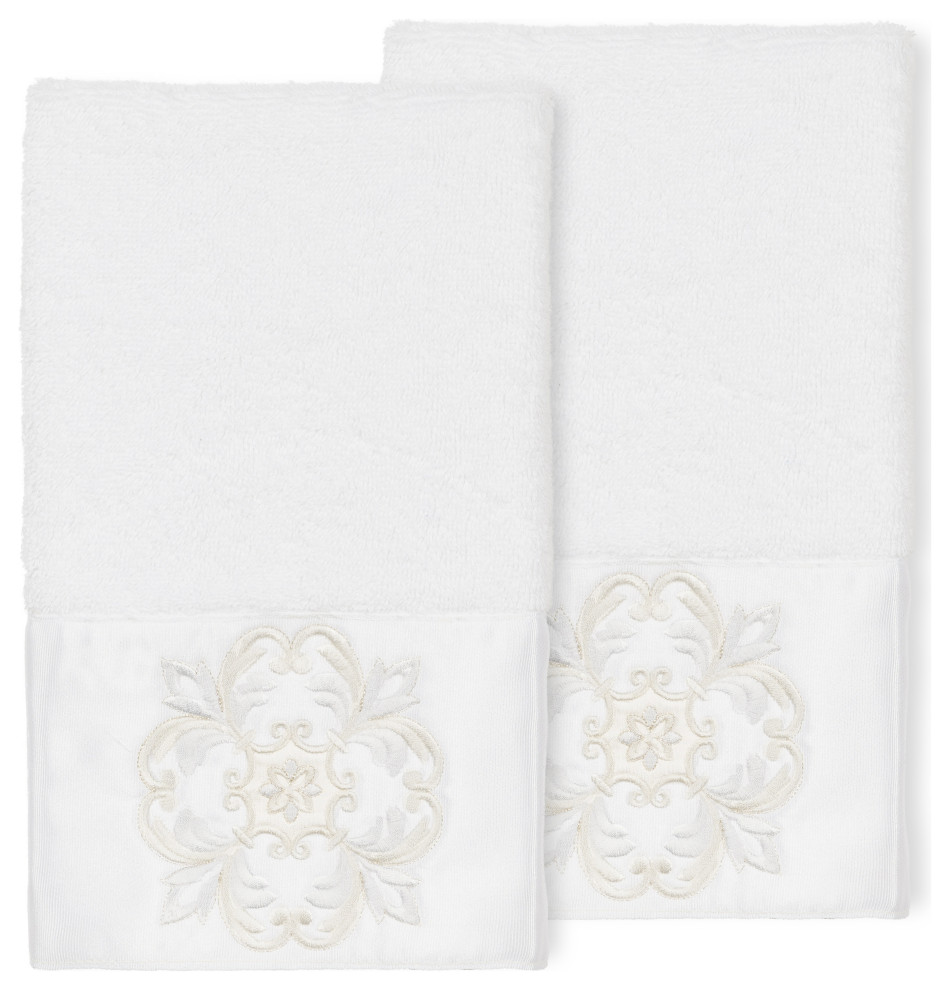 100% Turkish Cotton Alyssa 2-Piece Embellished Hand Towel Set, White
