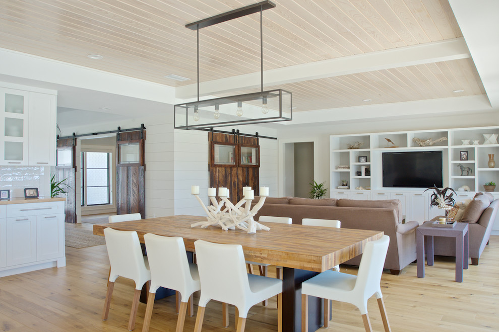 Photo of a beach style open plan dining in Jacksonville with white walls and light hardwood floors.