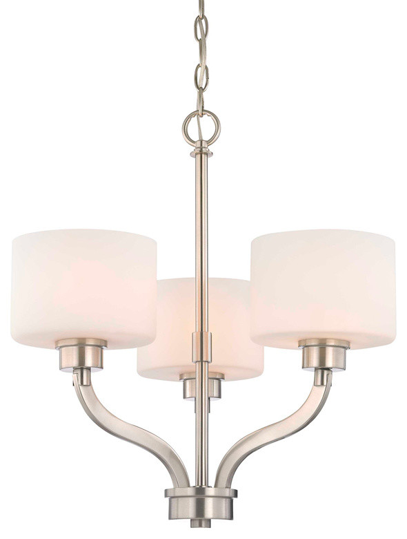 Mini-Chandelier Light with White Glass Drum Shades and Three Lights