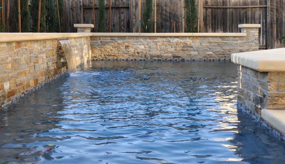 Modelo de piscina alargada actual de tamaño medio en forma de L en patio trasero con entablado
