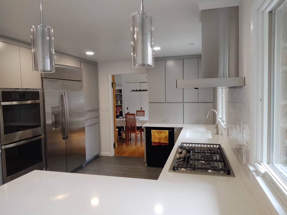 Mid-sized enclosed kitchen photo with flat-panel cabinets, gray cabinets and a peninsula