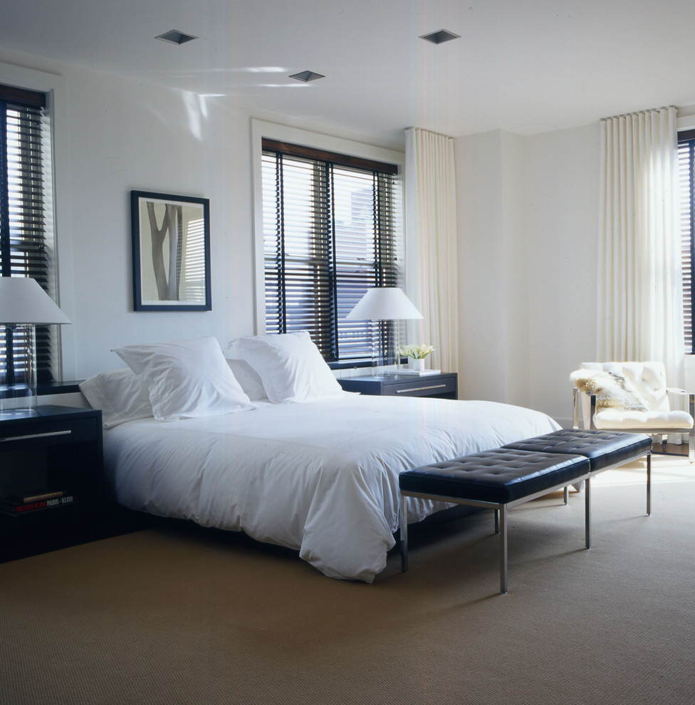 Photo of a large contemporary master bedroom in New York with white walls, carpet, no fireplace and beige floor.