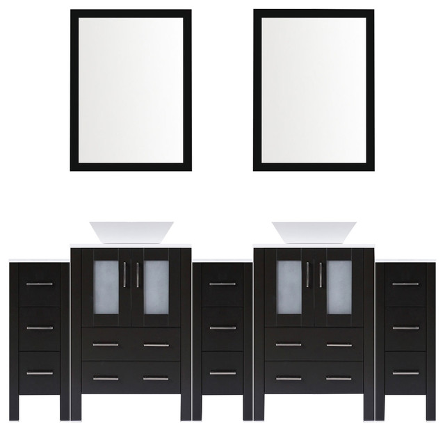 Modern Vanity Set With Two Sink Bases With Mirrors and Three Drawer