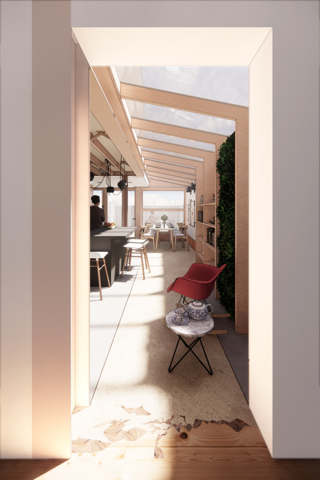 Foto på ett litet funkis allrum med öppen planlösning, med ett bibliotek, rosa väggar, korkgolv och beiget golv