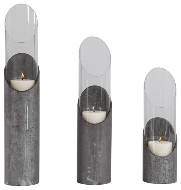 Rustic Modern Raw Iron Pillar Candle Holder Set 3| Cylinder Hurricane  Industrial - Industrial - Candleholders - by My Swanky Home | Houzz