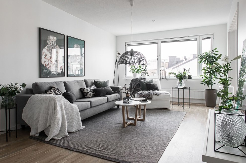 This is an example of a mid-sized scandinavian formal open concept living room in Gothenburg with white walls, medium hardwood floors, no fireplace and no tv.