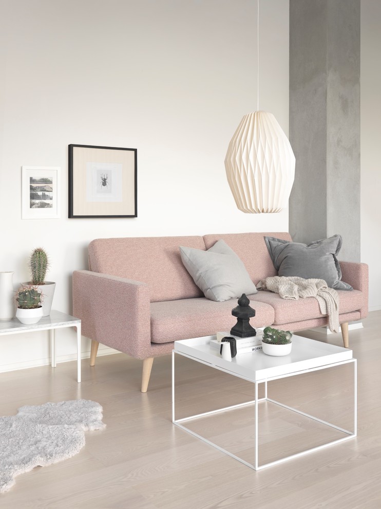 Photo of a mid-sized scandinavian open concept living room in Gothenburg with white walls, light hardwood floors and no tv.