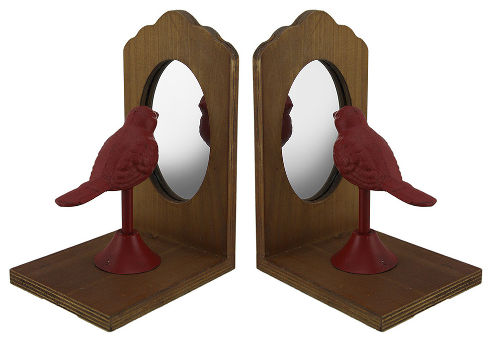 Pretty Perch Red Bird Looking Into Mirror Vintage Rustic Bookend Set