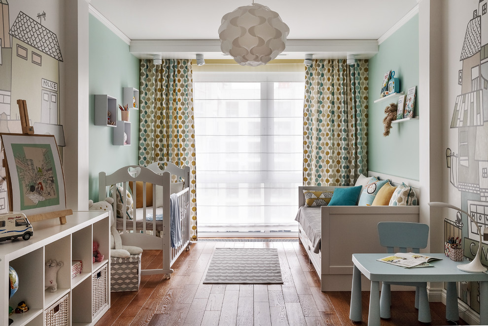 Design ideas for a transitional nursery for girls in Moscow with medium hardwood floors, brown floor and multi-coloured walls.
