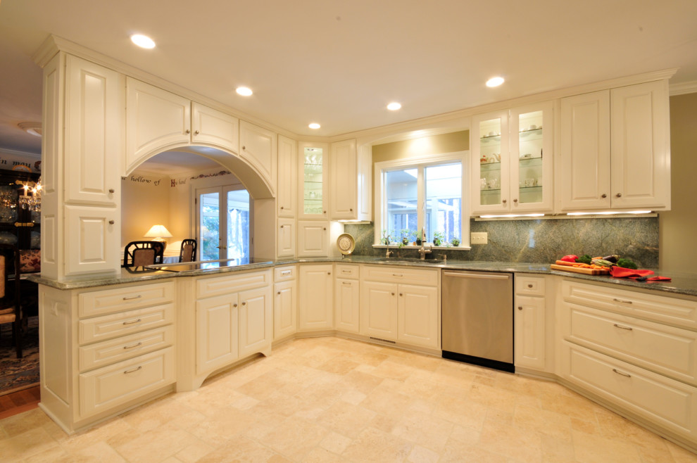 Kitchen - large transitional kitchen idea in DC Metro with raised-panel cabinets, white cabinets, granite countertops and stainless steel appliances